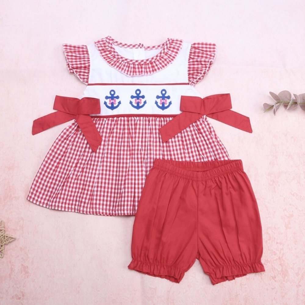 Boutique Anchor Nautical Girls Red Gingham Tunic Shorts Outfit 4th of July